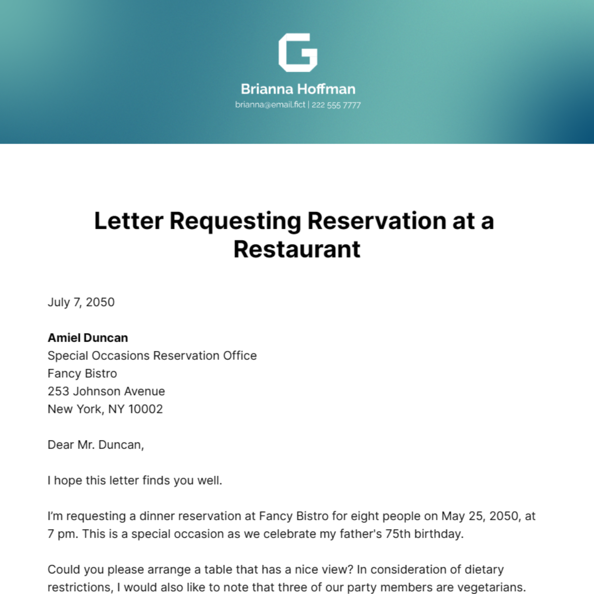 Free Letter Requesting Reservation at a Restaurant Template