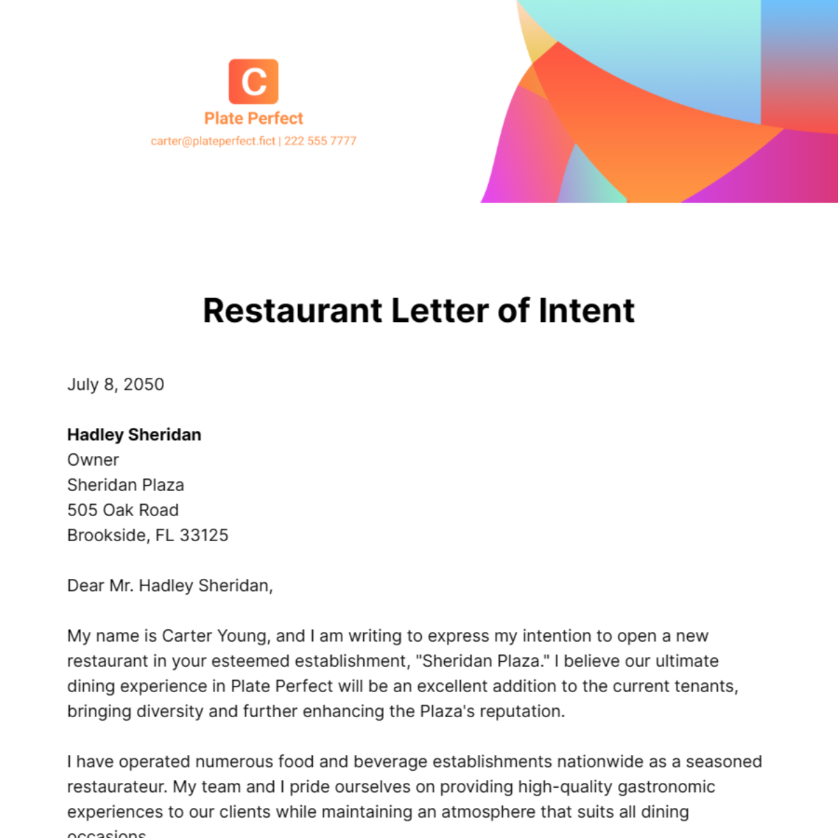 Restaurant Letter of Intent Template