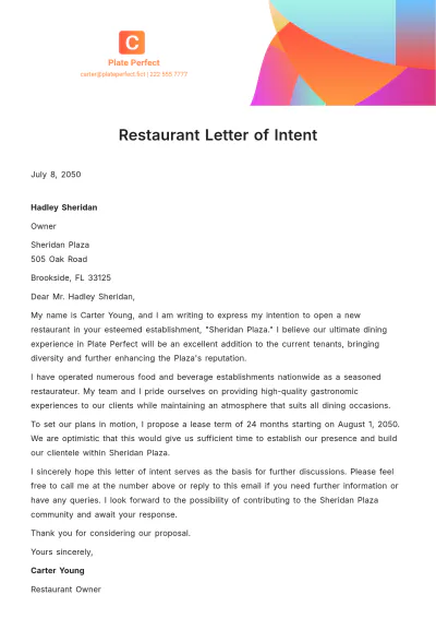 Free Restaurant Letter of Intent Template to Edit Online