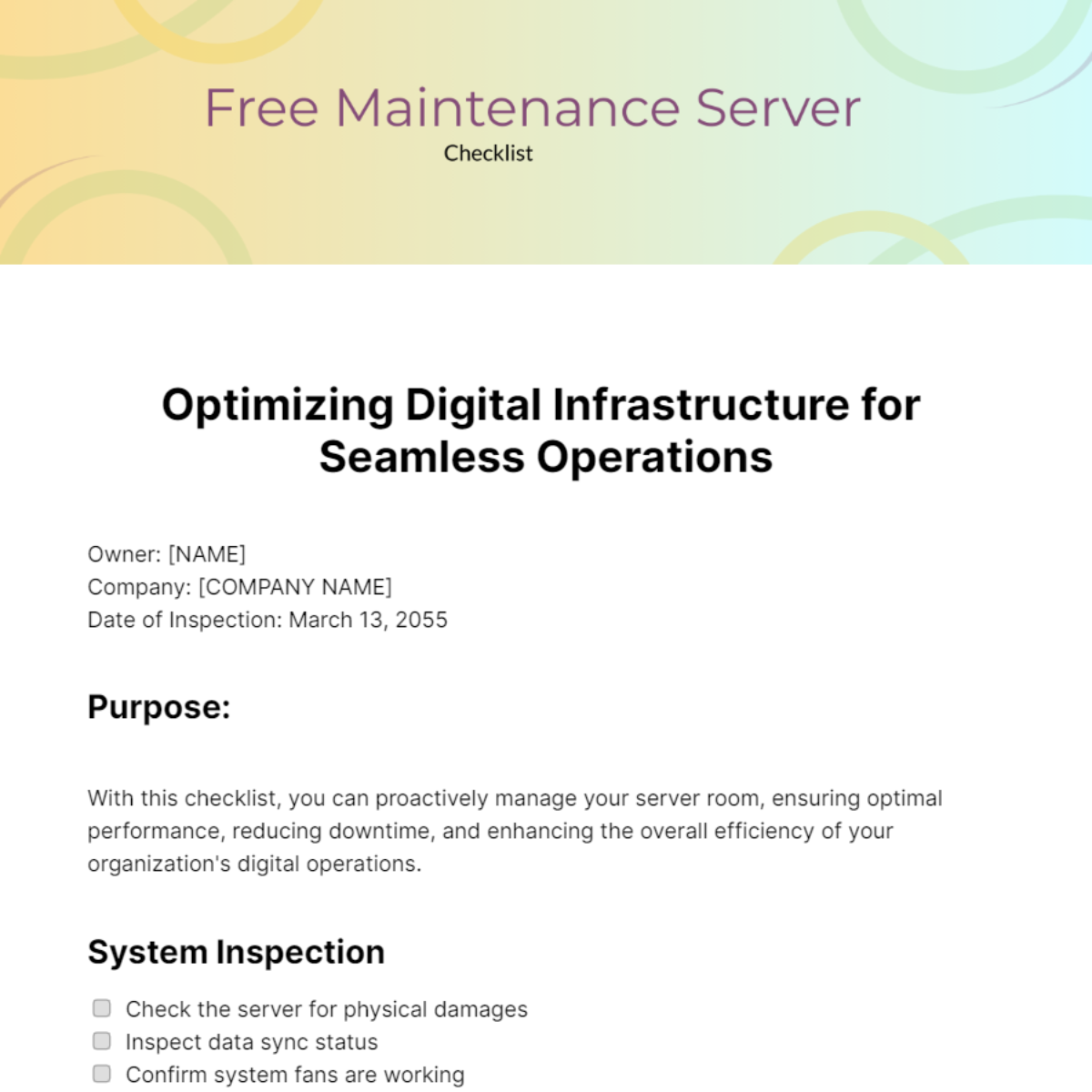 Free Maintenance Server Checklist Template