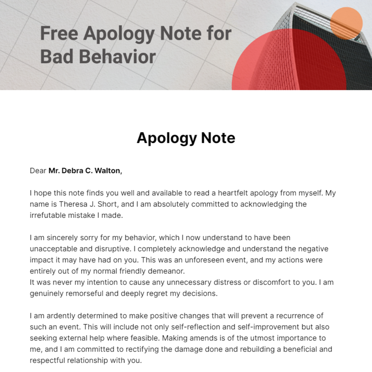 Apology Note for Bad Behavior Template