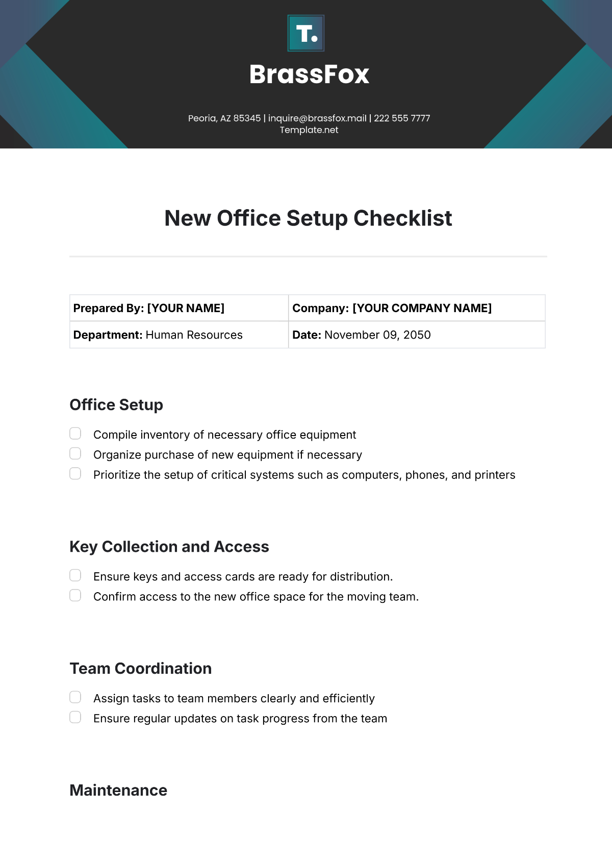 New Office Setup Checklist Template - Edit Online & Download