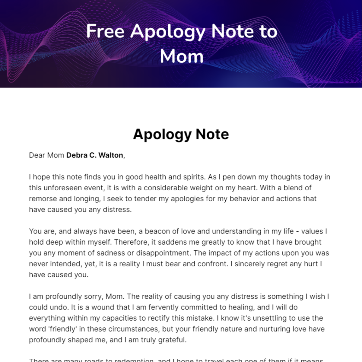 Free Apology Note to Mom Template