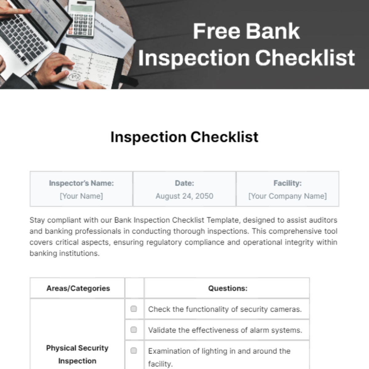 Bank Inspection Checklist Template