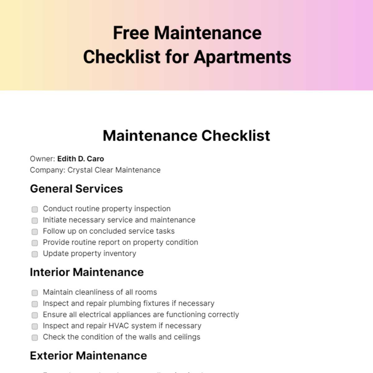 free-maintenance-checklist-edit-online-download-template