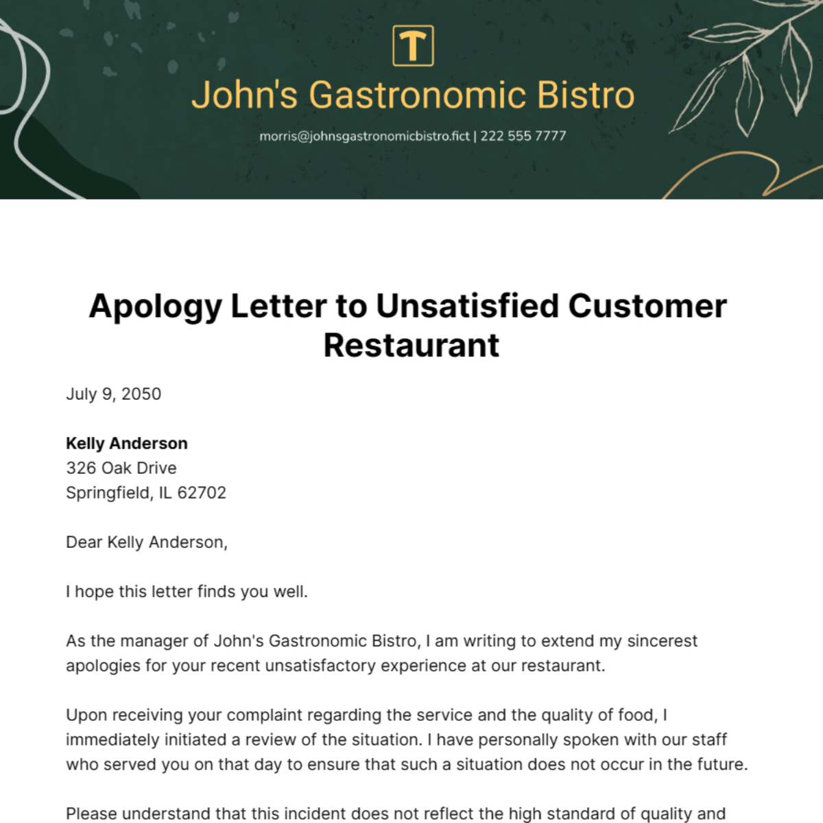 Apology Letter to Unsatisfied Customer Restaurant Template