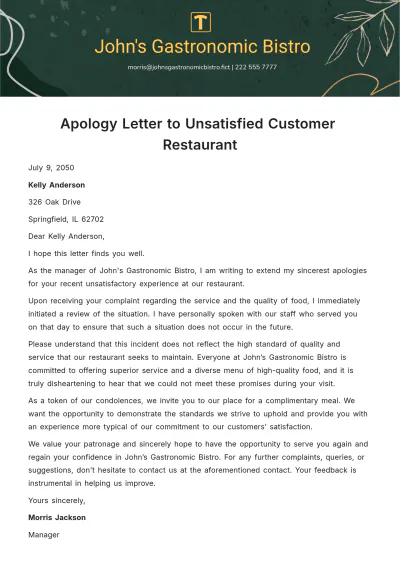 Free Apology Letter to Unsatisfied Customer Restaurant Template to Edit Online