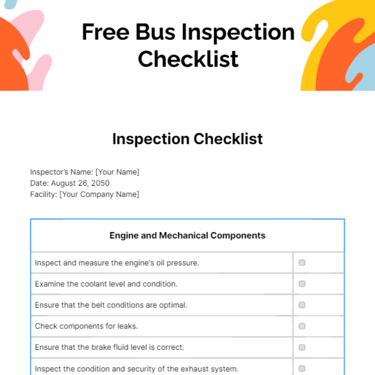 Free Bus Inspection Checklist Template