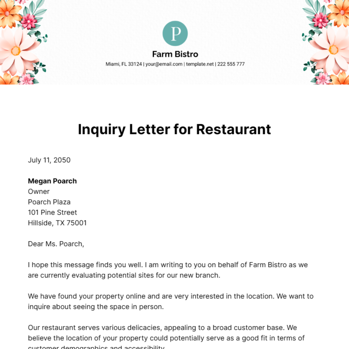Free Inquiry Letter for Restaurant Template