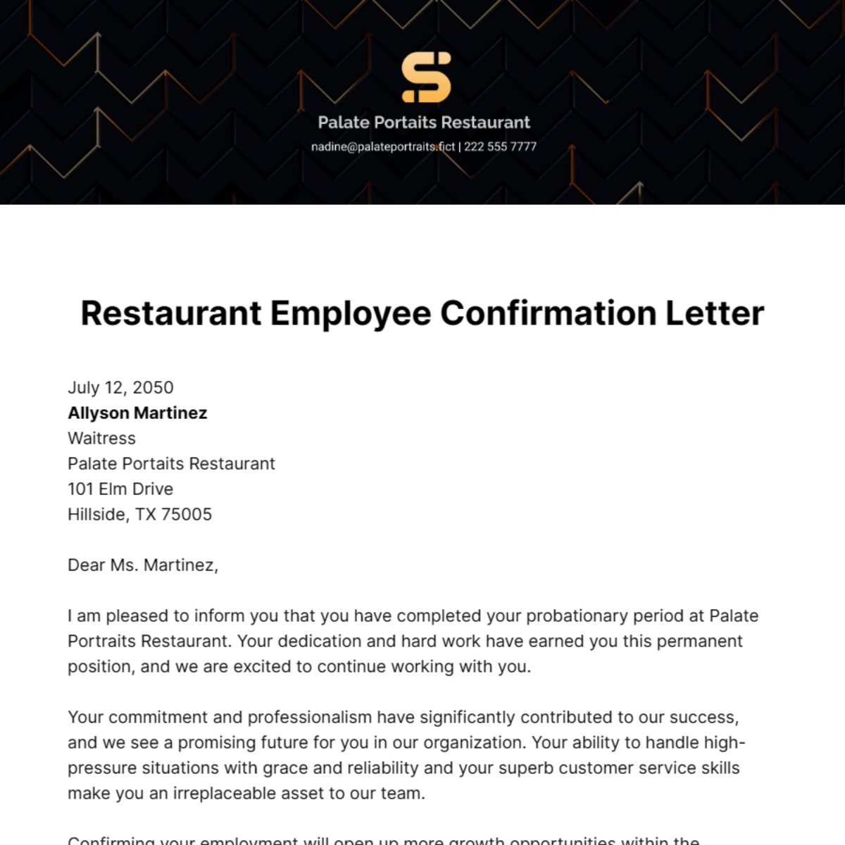 Restaurant Employee Confirmation Letter Template