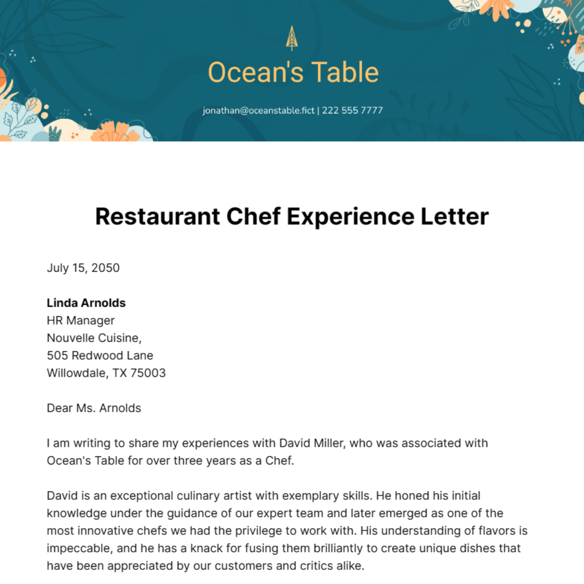 Restaurant Chef Experience Letter Template