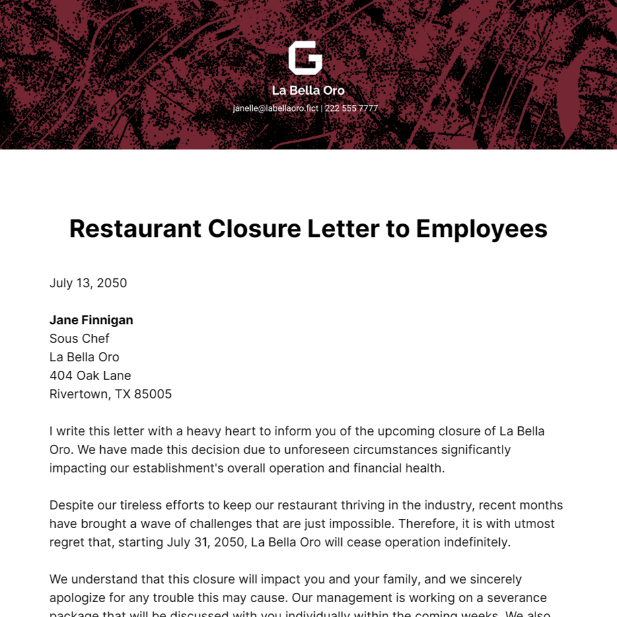 Restaurant Closure Letter to Employees Template