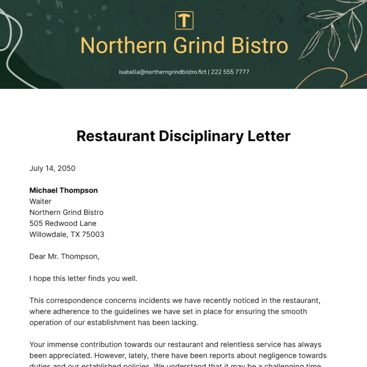 Restaurant Disciplinary Letter Template