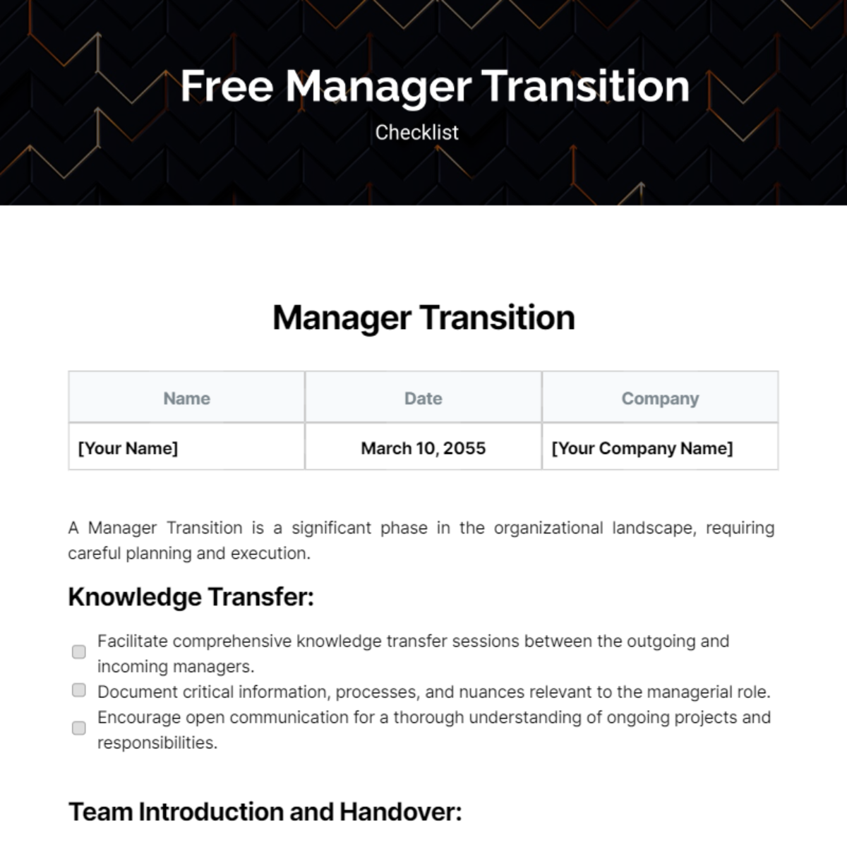 Manager Transition Checklist Template