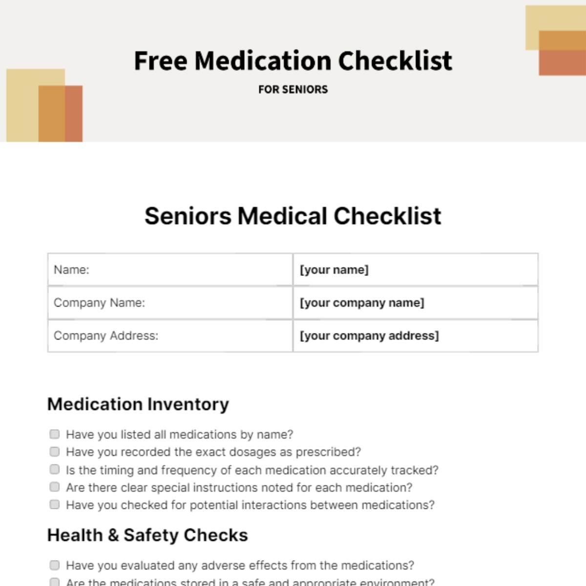 Medication Checklist for Seniors Template