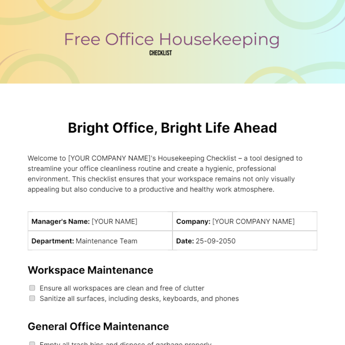Office Housekeeping Checklist Template