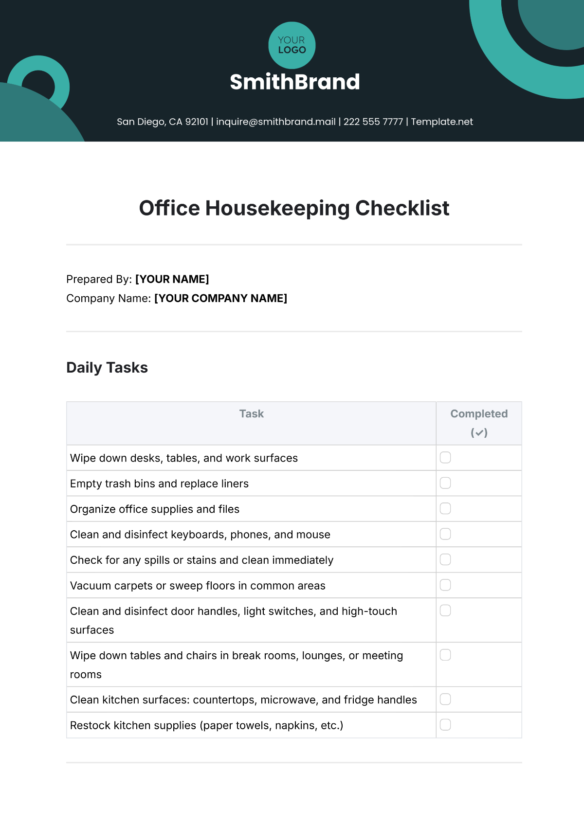 Office Housekeeping Checklist Template - Edit Online & Download