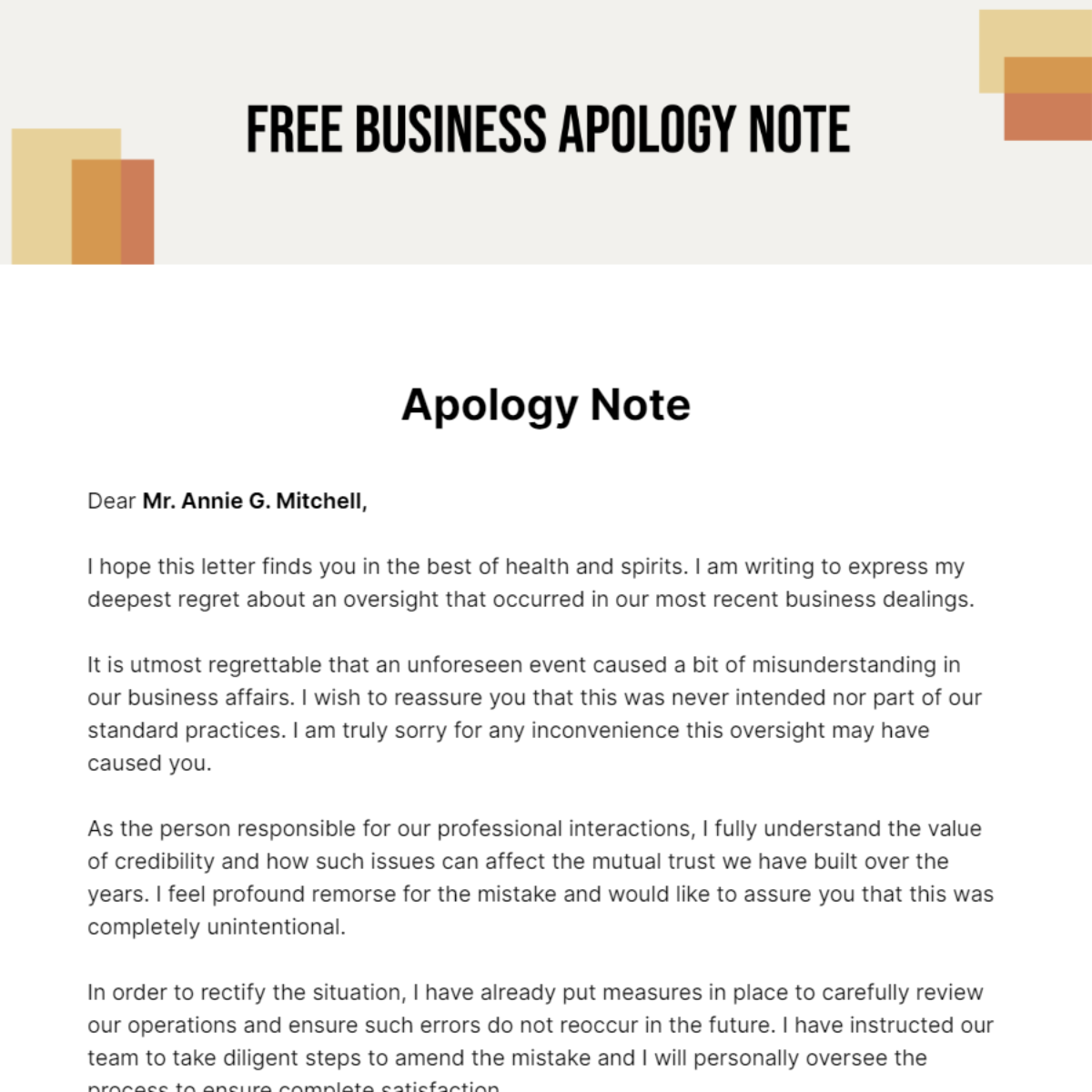 Free Business Apology Note Template