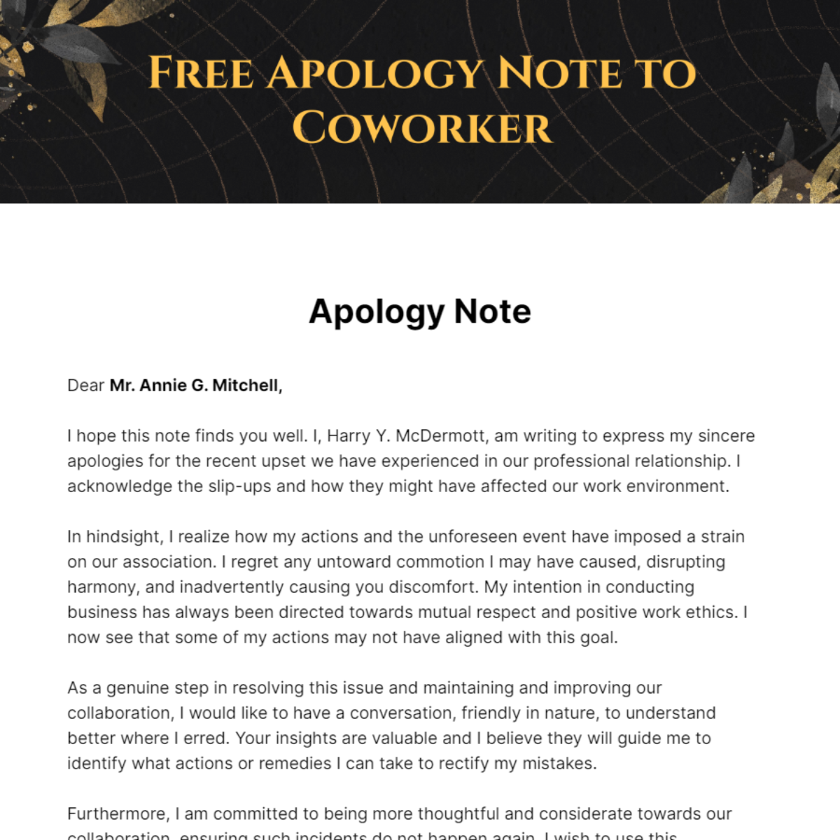 Apology Note to Coworker Template