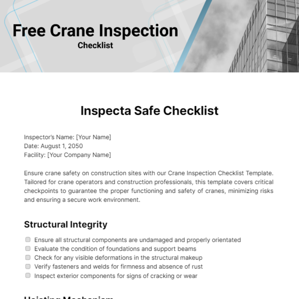 Free Crane Inspection Checklist Template