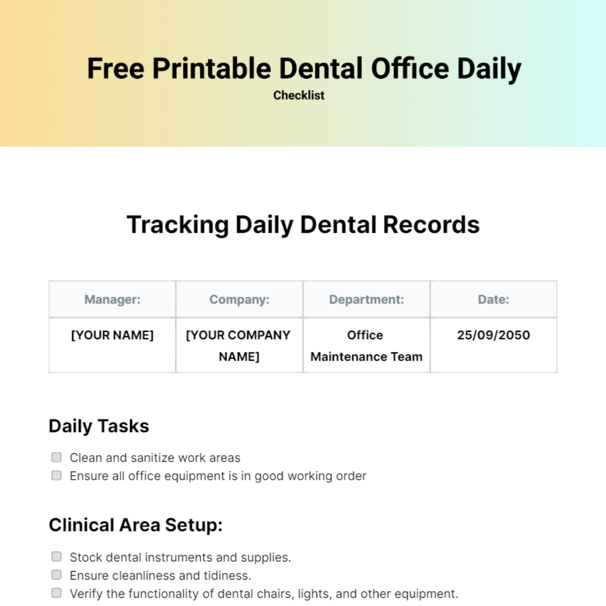 Printable Dental Office Daily Checklist Template