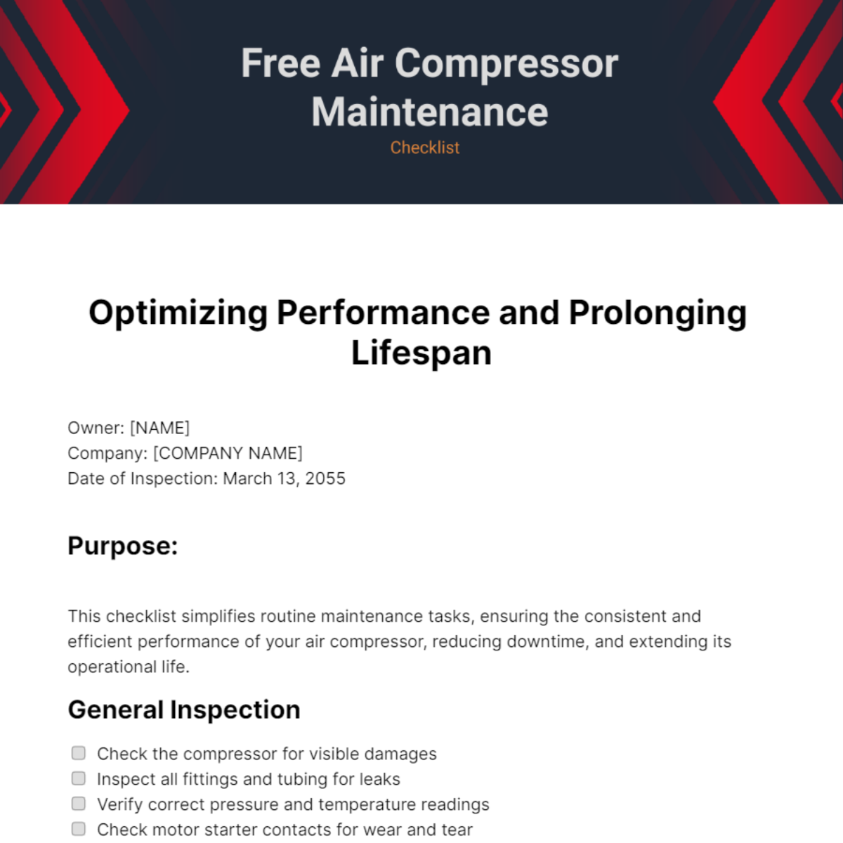 Free Air Compressor Maintenance Checklist Template