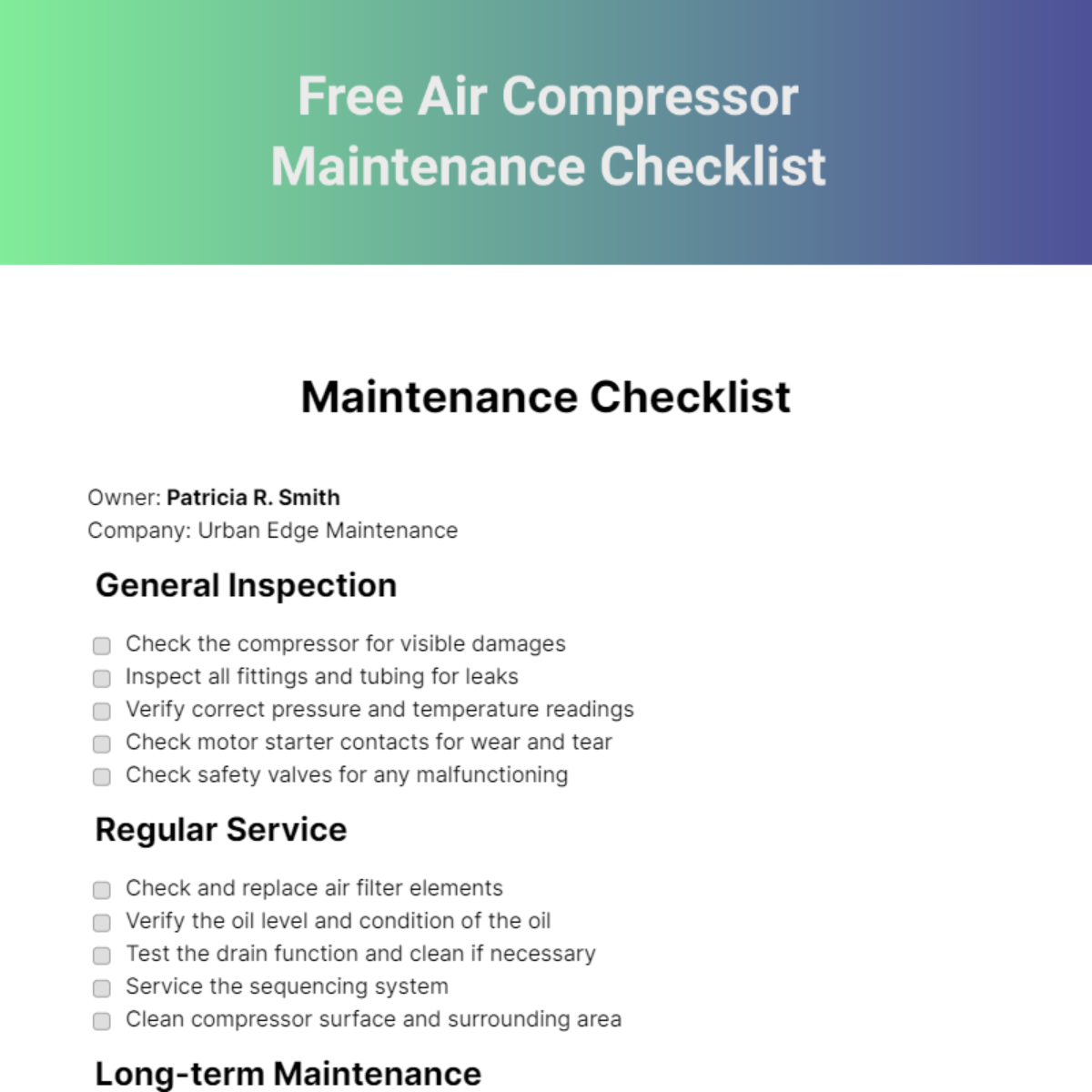 FREE Maintenance Checklist Edit Online & Download