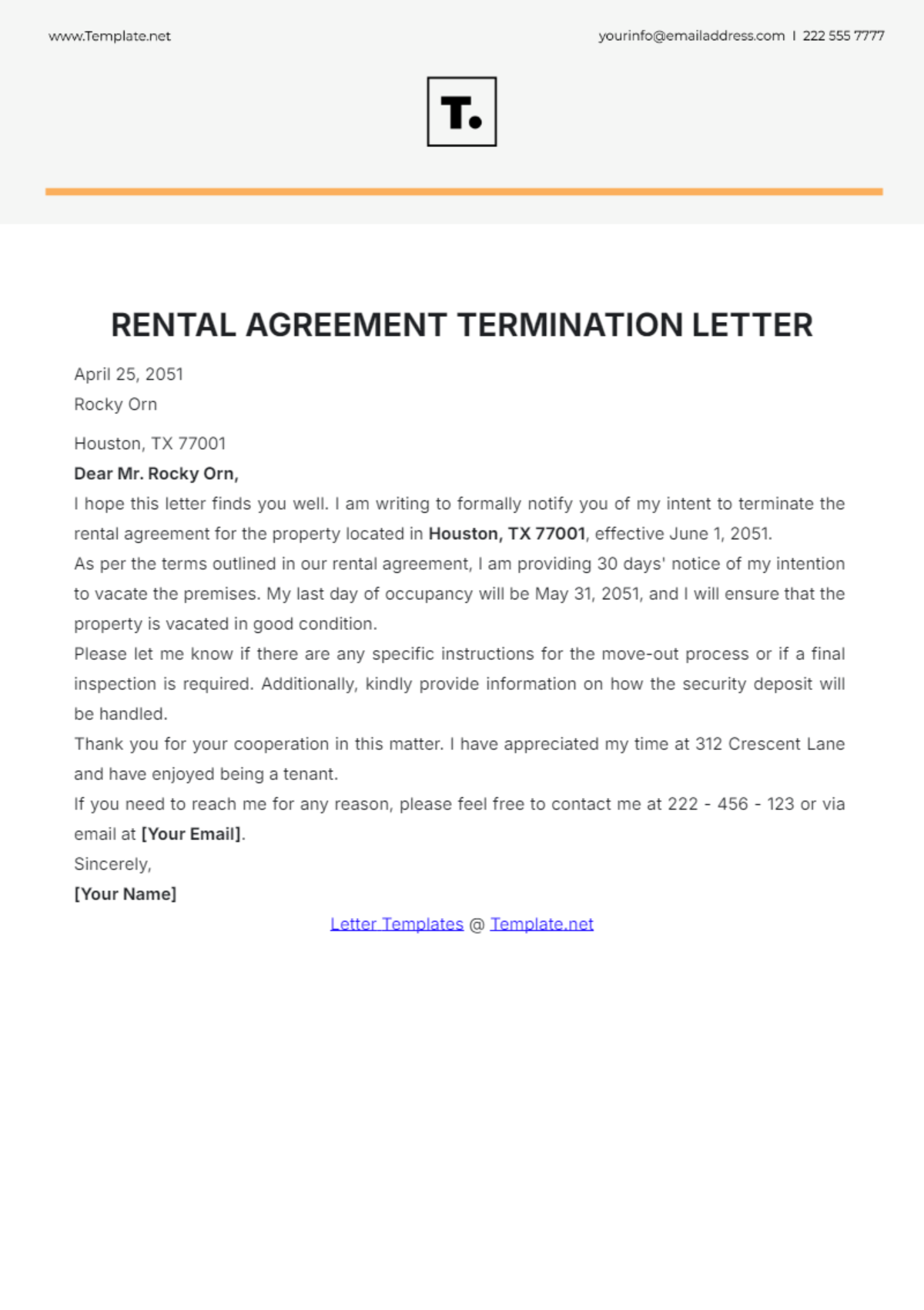 Rental Agreement Termination Letter Template