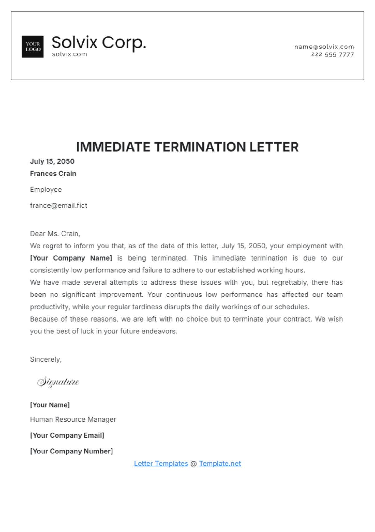 Immediate Termination Letter Template - Edit Online & Download