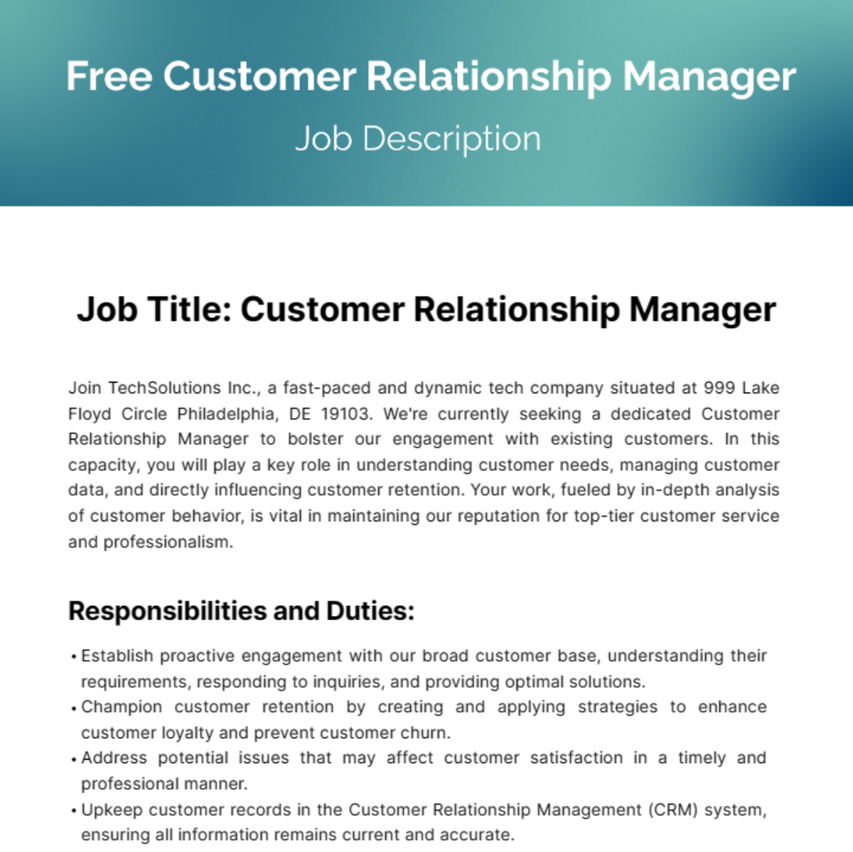 Customer Relationship Management Job Description Template