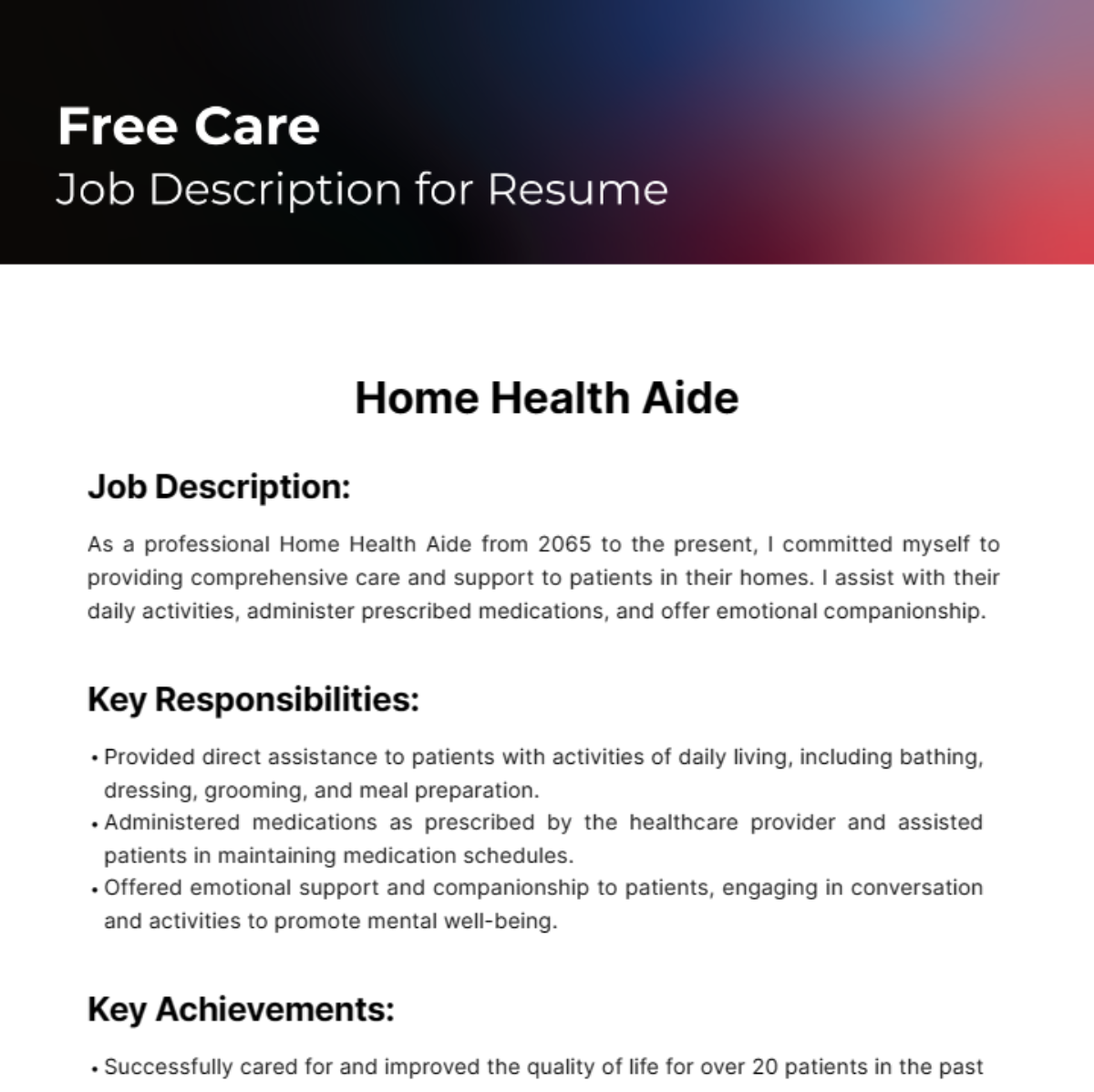 Free Care Job Description for Resume Template