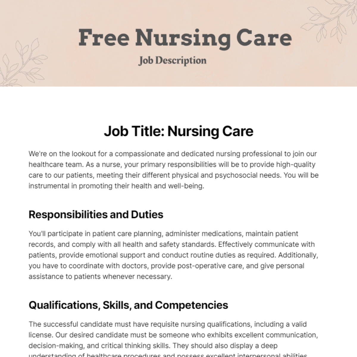 Nursing Care Job Description Template