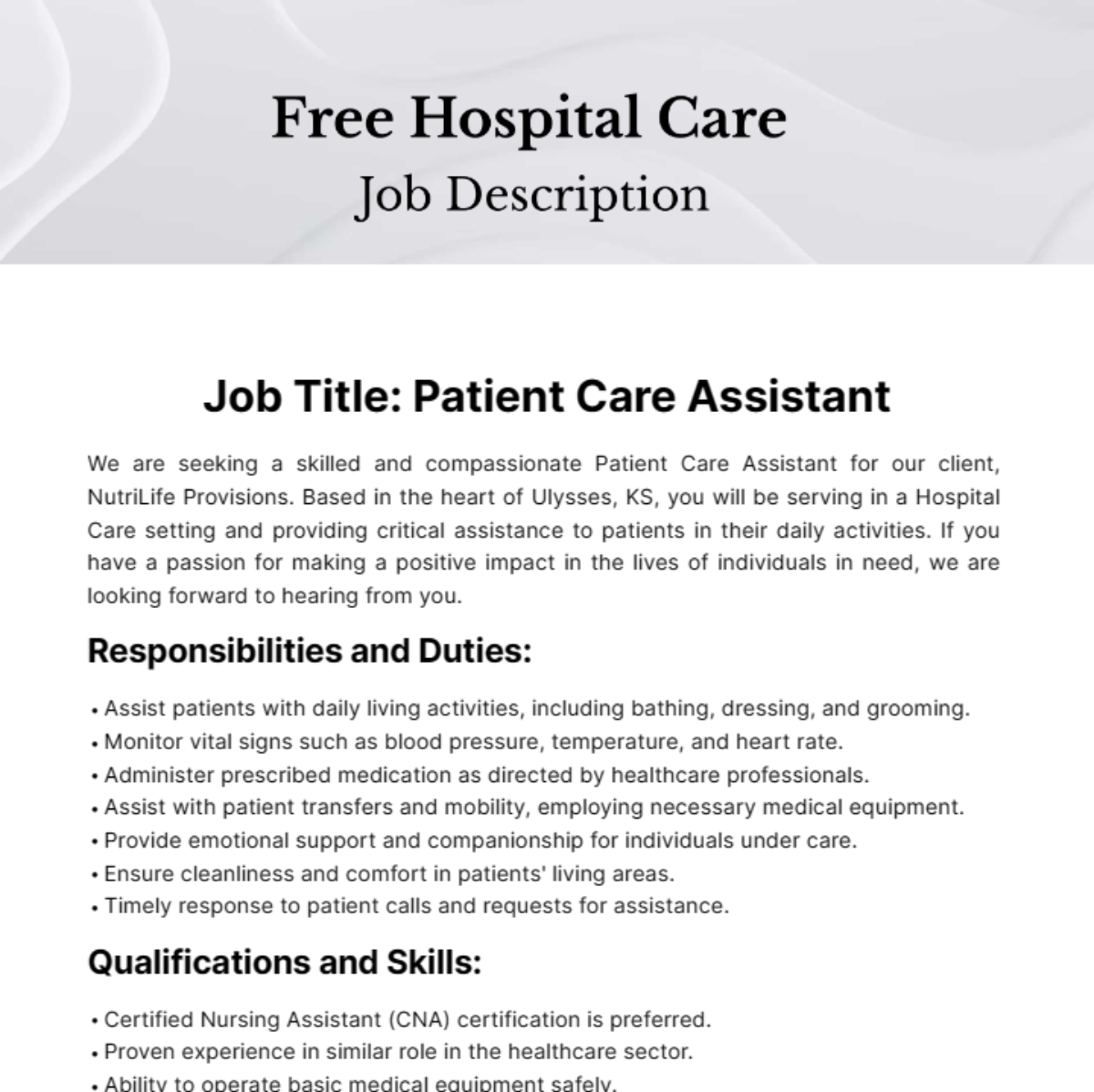 Hospital Care Job Description Template