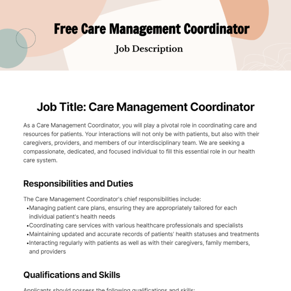 Free Care Management Job Description Template