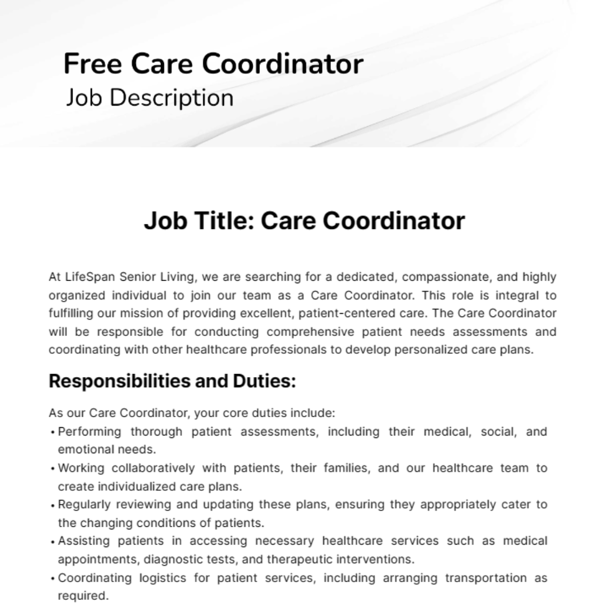 Free Care Coordinator Job Description Template