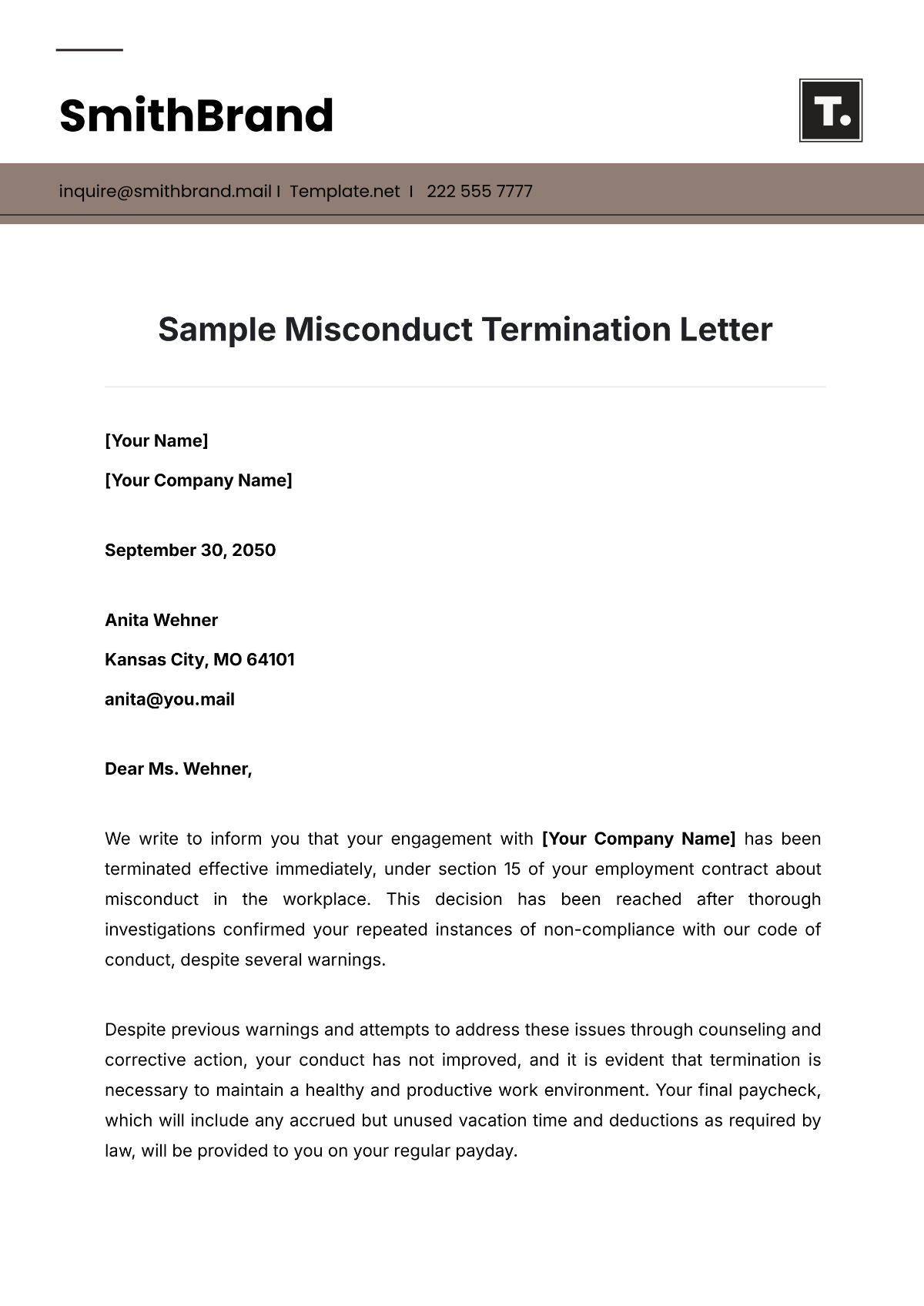 Sample Misconduct Termination Letter Template - Edit Online & Download