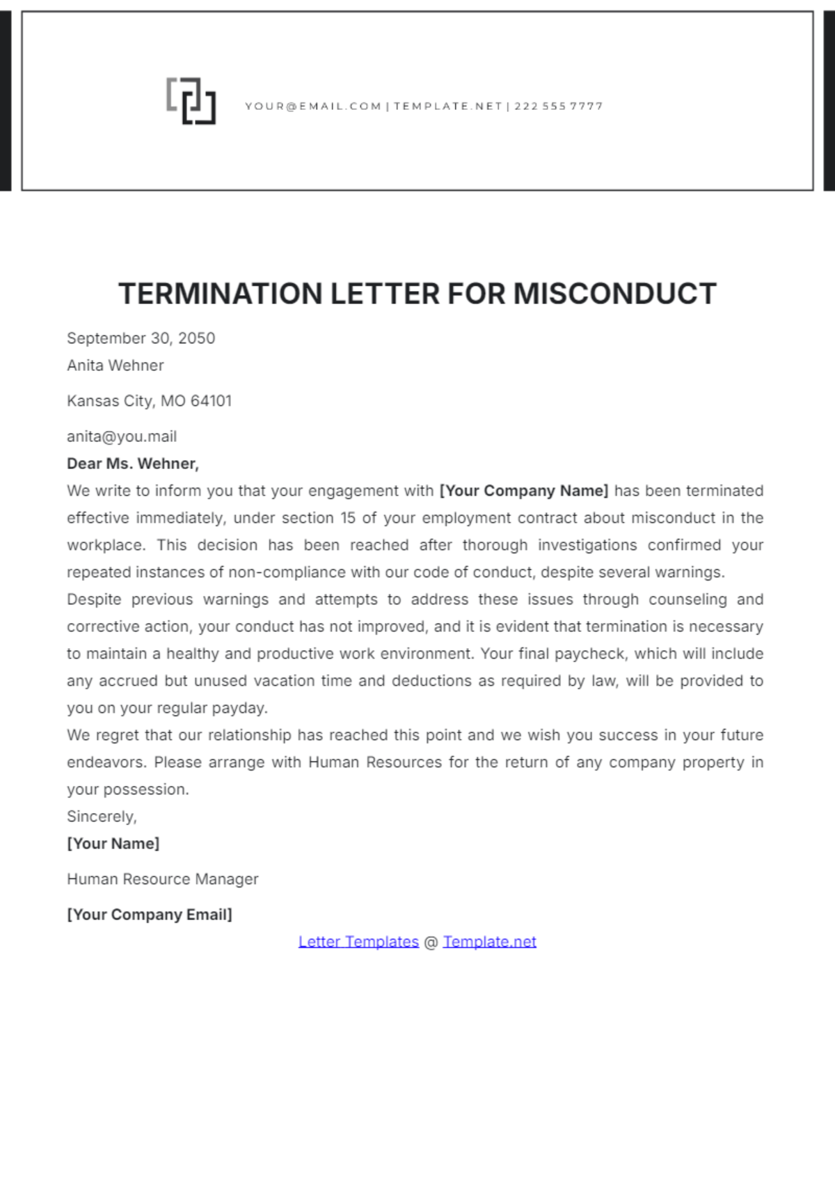 Termination Letter for Misconduct Template - Edit Online & Download