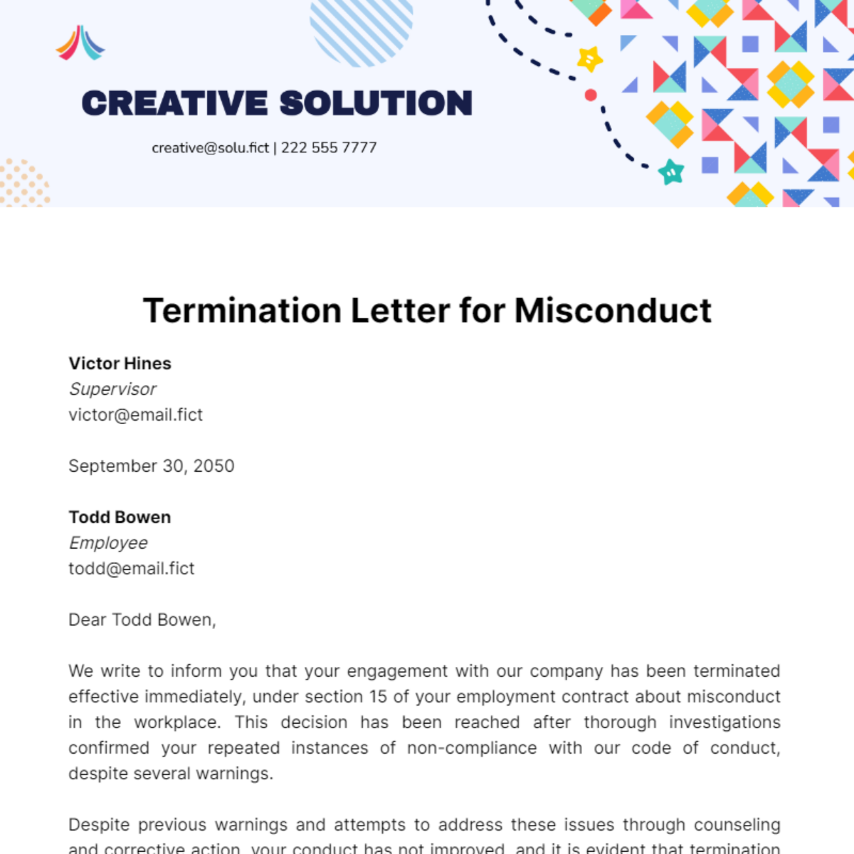 Termination Letter for Misconduct Template