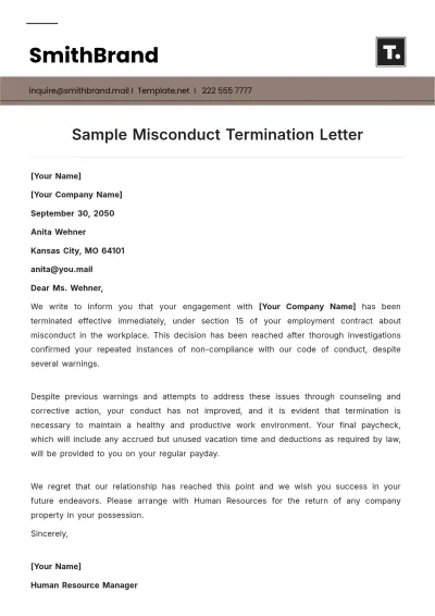 Free Sample Misconduct Termination Letter Template to Edit Online
