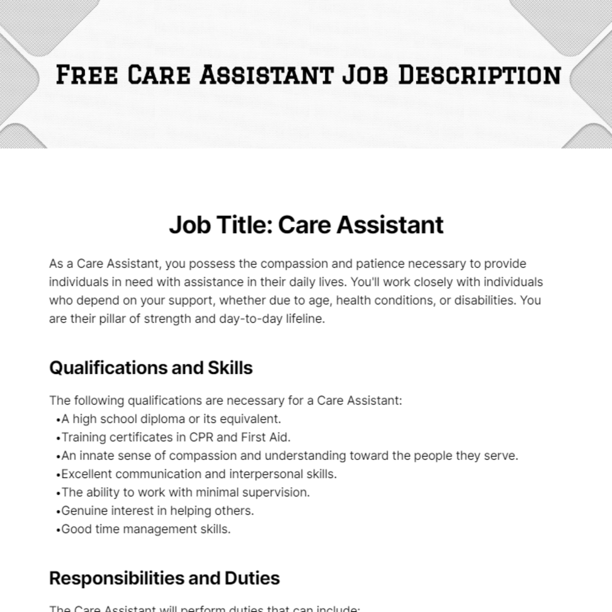 Care Assistant Job Description Template