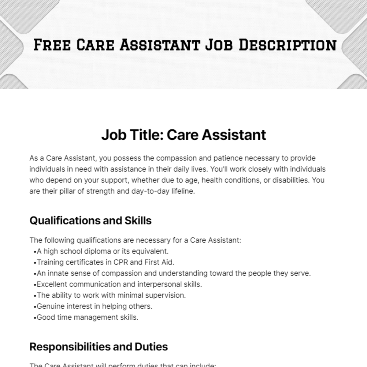 Care Assistant Job Description Template Edit Online Download 