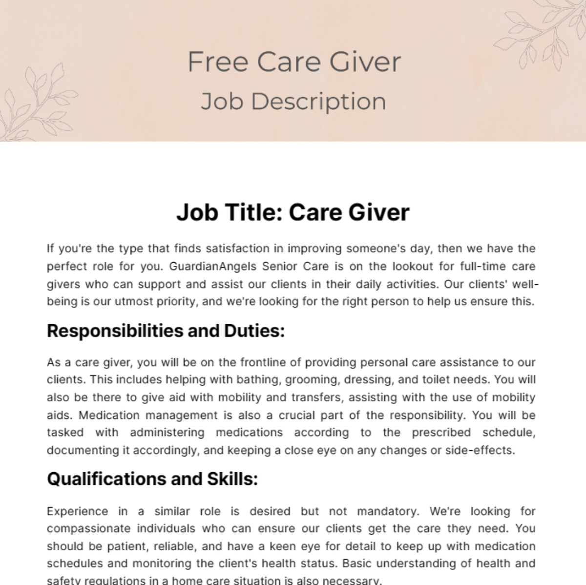 Care Giver Job Description Template