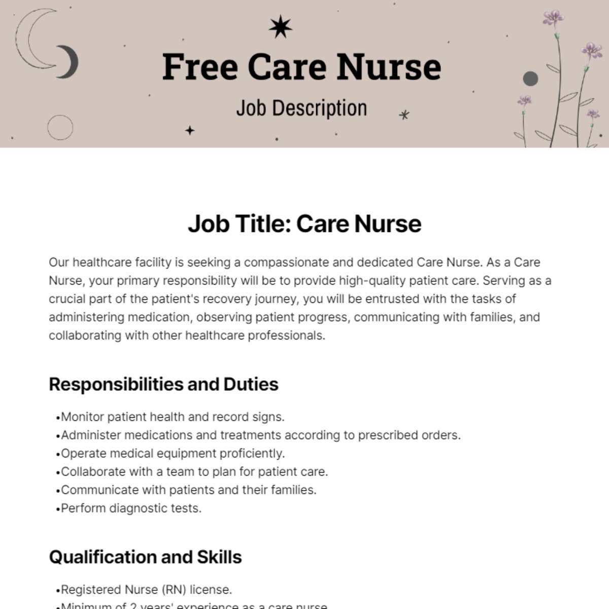 Free Care Nurse Job Description Template