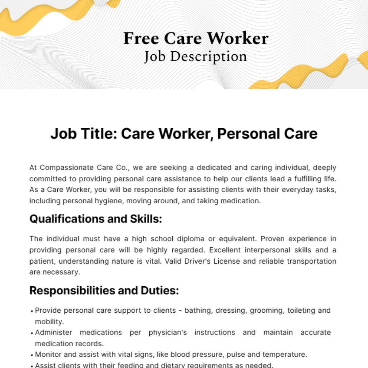 Free Care Worker Job Description Template