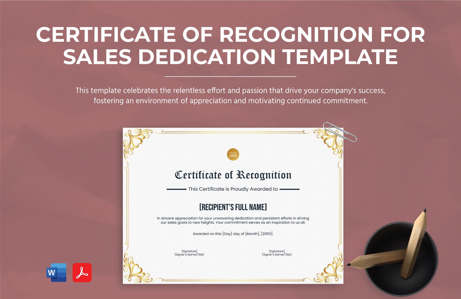 Certificate of Recognition for Sales Dedication Template