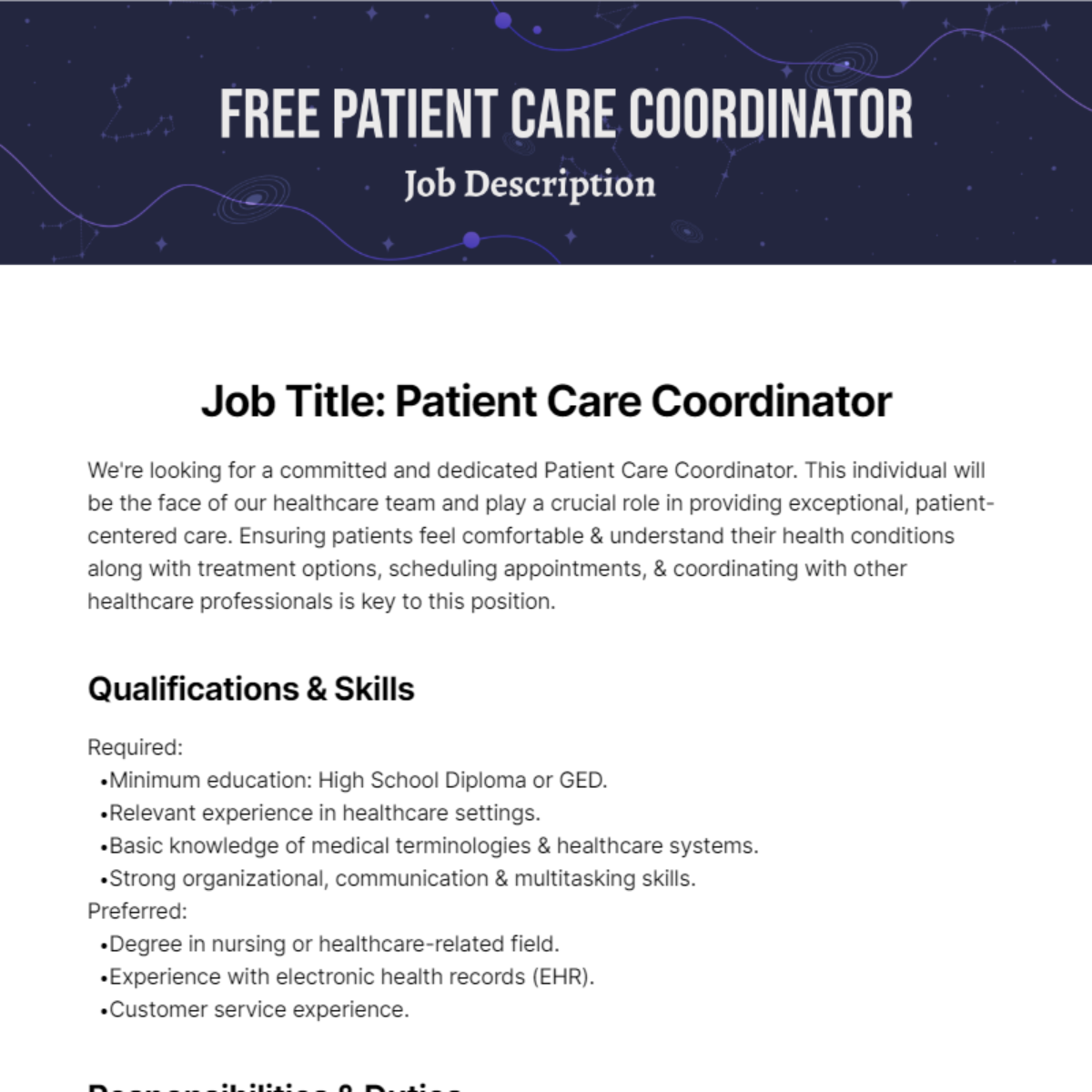 Free Patient Care Job Description Template