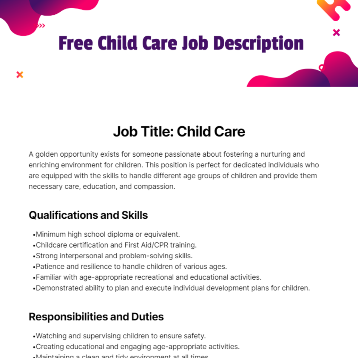 Free Child Care Job Description Template