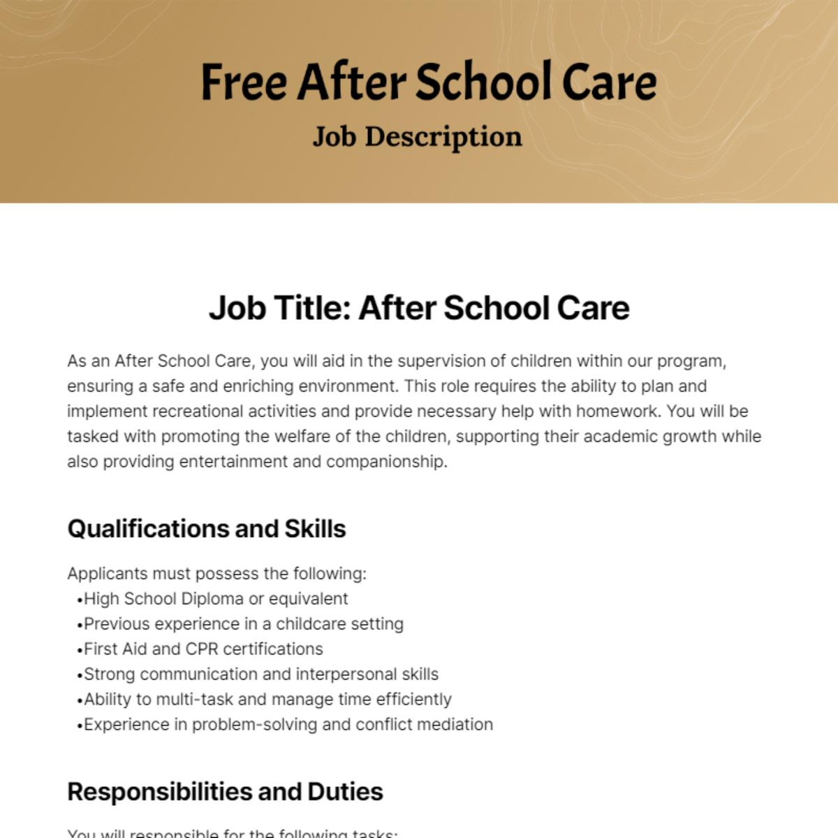 Free After School Care Job Description Template