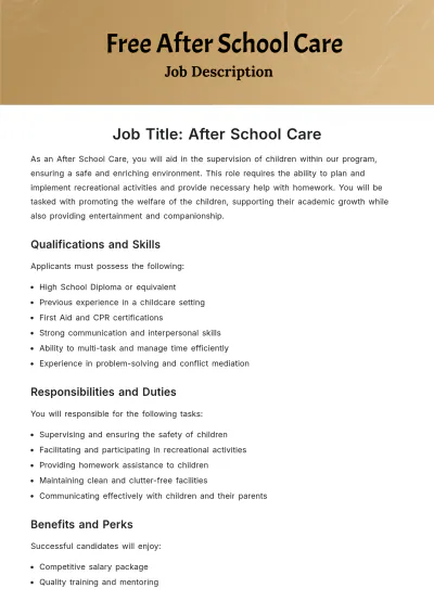 Free After School Care Job Description Template to Edit Online