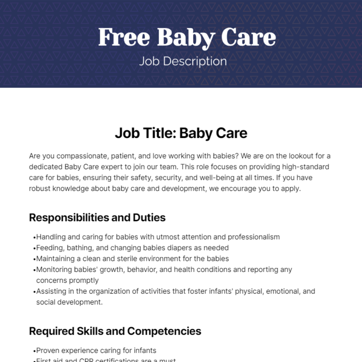 Free Baby Care Job Description Template